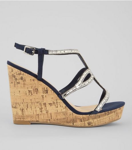 Navy Embellished Wedge Heels | New Look