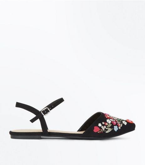 Black Floral Embellished Pointed Pumps | New Look