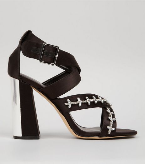 Black Satin Embellished Cross Strap Heeled Sandals | New Look