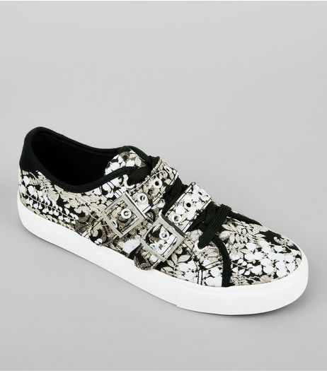 Black Floral Print Satin Buckle Lace Up Trainers | New Look