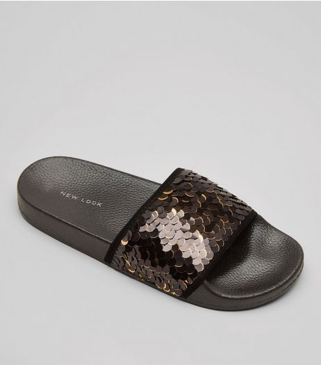 Black Sequin Sliders | New Look