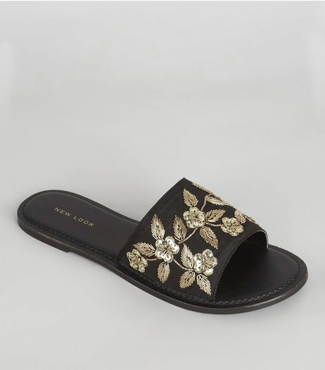 Black Satin Floral Embroidered Mules | New Look