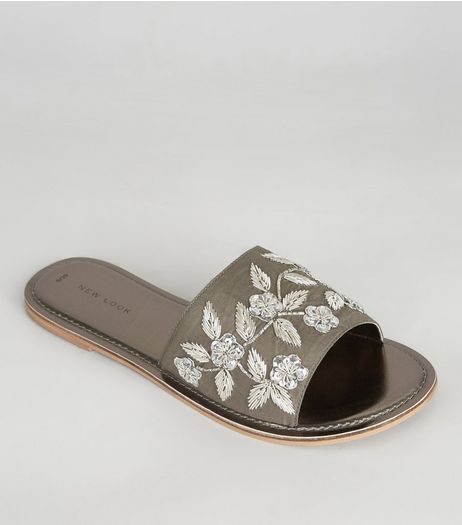 Pewter Floral Embroidered Mules | New Look