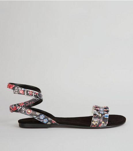Black Floral Print Frill Strap Detail Sandals | New Look