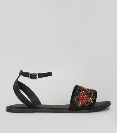 Black Leather Floral Embellished Sandals | New Look