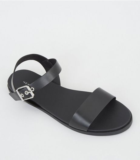 Black Leather Buckle Strap Sandals | New Look