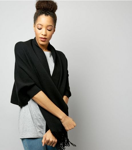 Black Ribbed Cuff Tassel Hem Wrap | New Look