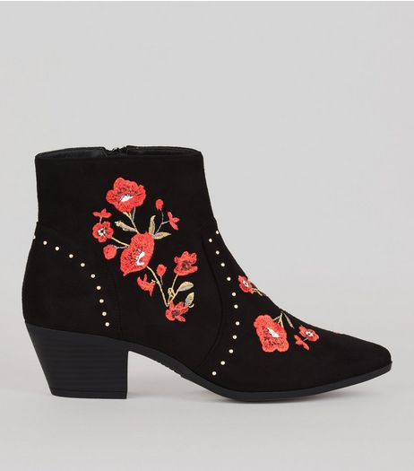 Black Suedette Floral Embroidered Western Boots | New Look