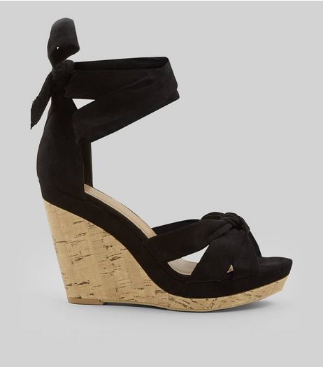 Black Suedette Tie Up Ankle Cork Wedge Heels | New Look