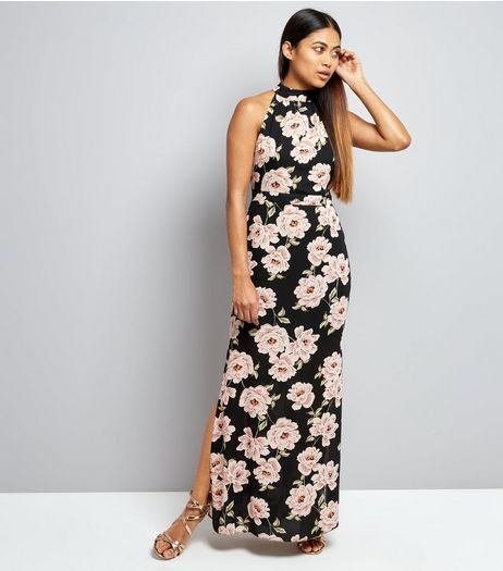 Petite Black Floral Print Halter Neck Maxi Dress | New Look