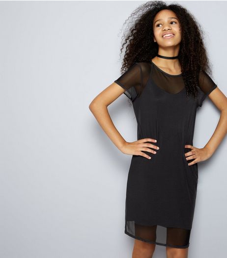 Teens Black Mesh T-Shirt Dress | New Look