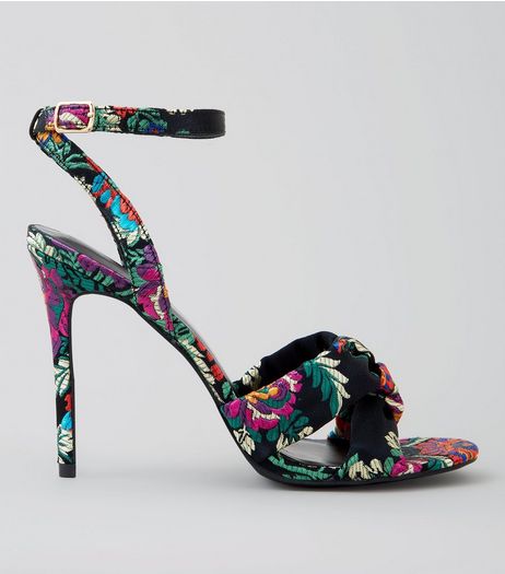 Black Floral Brocade Knot Strap Heeled Sandals | New Look