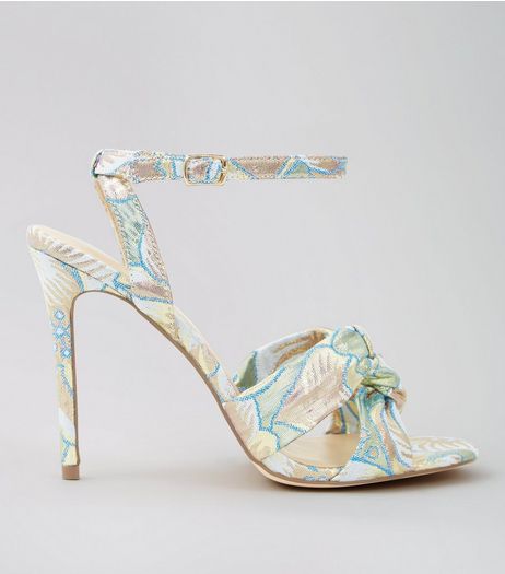 Pastel Blue Floral Brocade Knot Strap Heeled Sandals | New Look