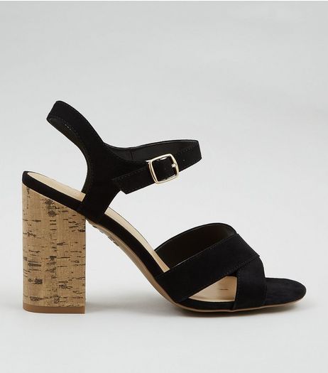 Black Suedette Cross Strap Cork Block Heeled Sandals | New Look