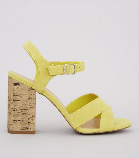 Yellow Suedette Cross Strap Cork Block Heeled Sandals | New Look