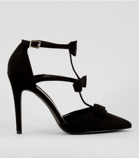 Black Suedette Bow Strap Heeled Sandals | New Look