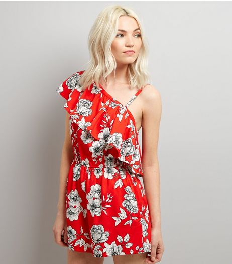 Petite Red Floral One Shoulder Frill Trim Playsuit | New Look