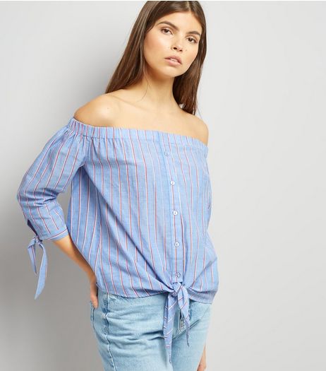 Tall Blue Stripe Tie Front Bardot Neck Top | New Look