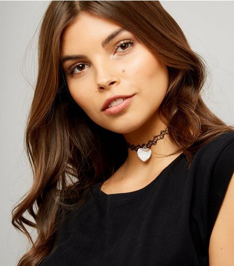Black Tattoo Confetti Heart Choker | New Look