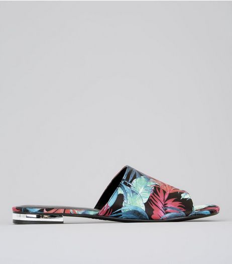 Black Floral Print Metal Trim Mules | New Look