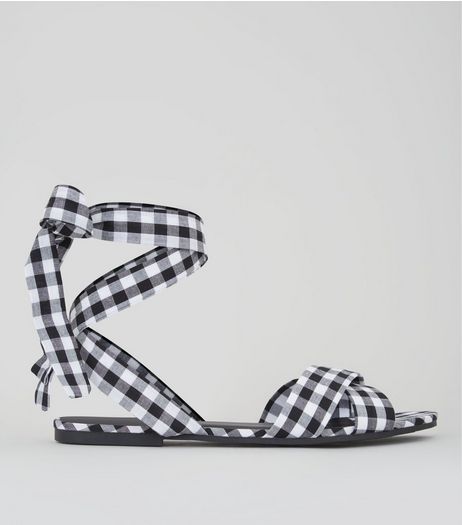 Black Gingham Ankle Tie Sandals | New Look