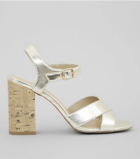 Gold Metallic Cross Strap Cork Block Heeled Sandals | New Look
