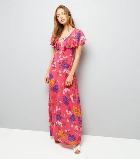 Pink Floral Print Lattice Front Maxi Dress | New Look