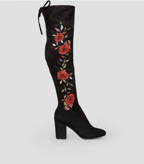 Black Suedette Floral Embroidered Over the Knee Boots | New Look