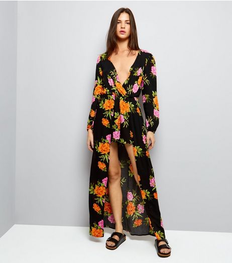 Black Plunge V Neck Floral Print Dip Hem Playsuit | New Look