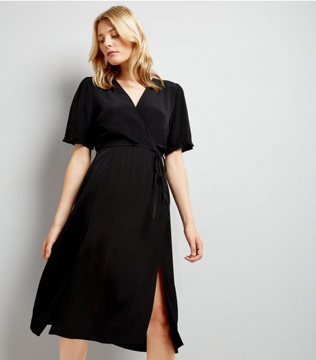 Black Wrap Front Frill Sleeve Midi Dress | New Look