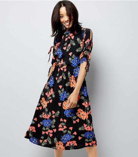 Black Tropical Floral Print Tie Sleeve Midi Dress | New Look