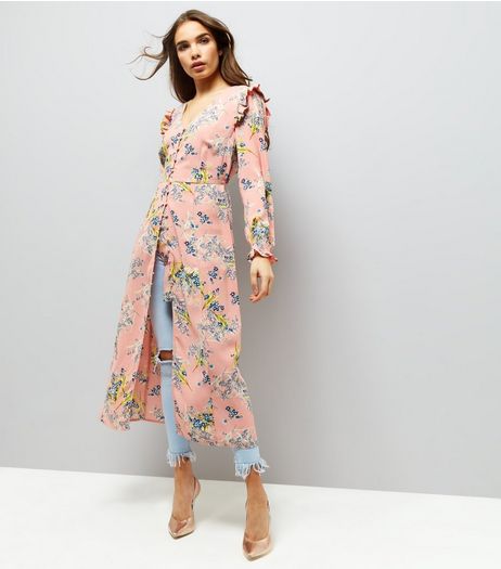 Pink Floral Print Gathered Shoulder Button Front Dress | New Look