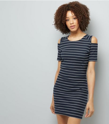 JDY White Stripe Cold Shoulder Dress | New Look