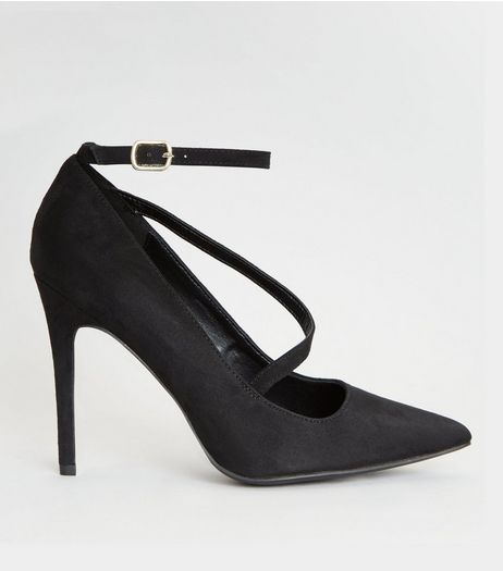 Wide Fit Black Asymmetric Strap Pointed Heels | New Look