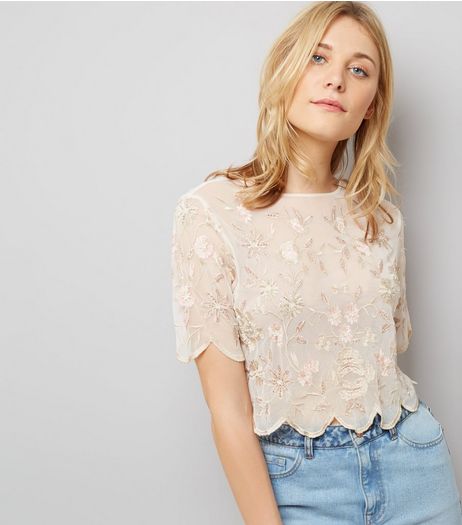 White Floral Embroidered Scallop Hem Top | New Look