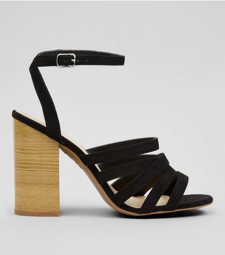 Black Multi Strap Wooden Block Heeled Sandals | New Look