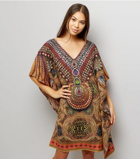 Mela Brown Abstract Print Kaftan | New Look