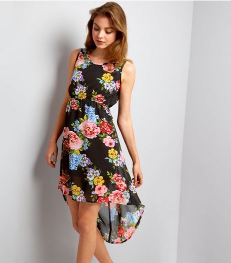 Mela Black Floral Print Dip Hem Dress | New Look