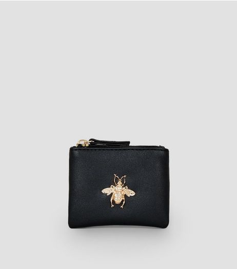 Black Metal Bee Charm Zip Top Purse | New Look