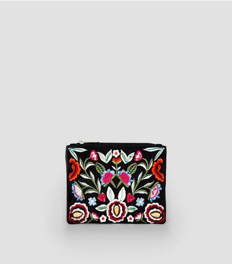 Black Floral Embroidered Zip Top Purse | New Look