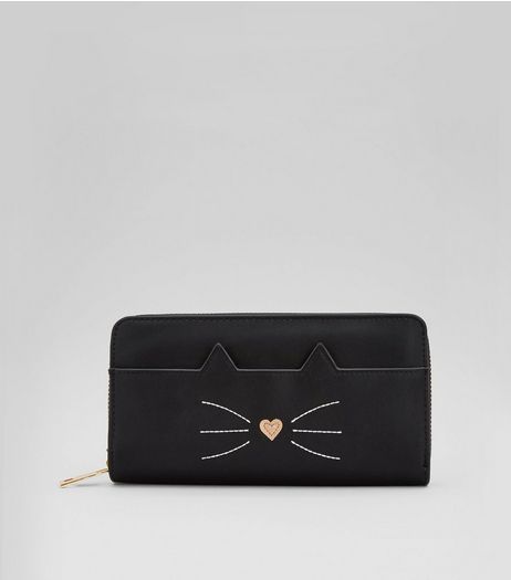 Black Cat Zip Around Purse | New Look