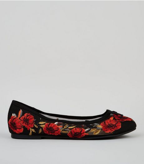Black Floral Mesh Embroidered Ballerina Pumps | New Look