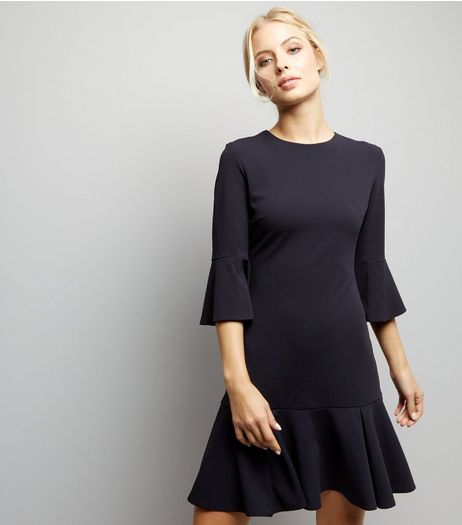 Blue Vanilla Navy 3/4 Frill Sleeve Dress | New Look