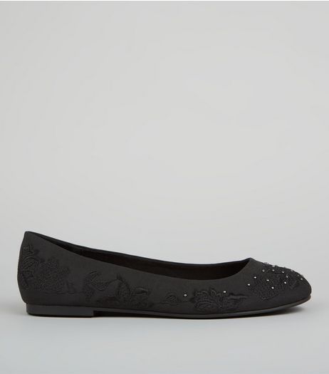 Black Floral Embroidered Ballerina Pumps | New Look
