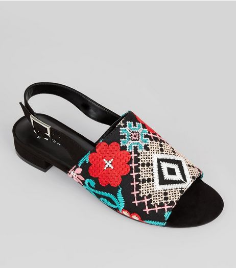 Wide Fit Black Embroirdered Mules | New Look
