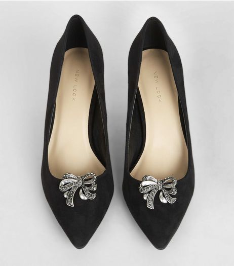 Black Crystal Detail Bow Shoe Clips | New Look