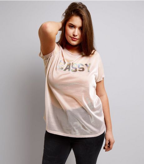 Curves Lilac Mesh Holographic Sassy Slogan T-Shirt | New Look