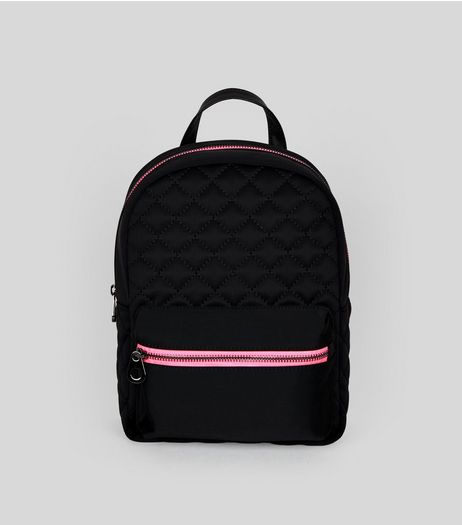 Black Quilted Neon Zip Backpack | New Look