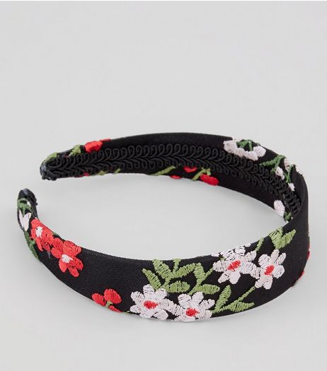 Black Floral Embroidered Headband | New Look