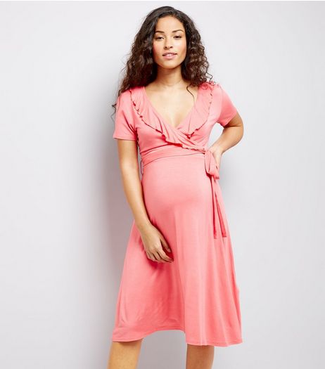 Maternity Pink Frill Trim Wrap Dress | New Look
